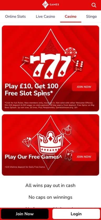 Virgin Games mobile site