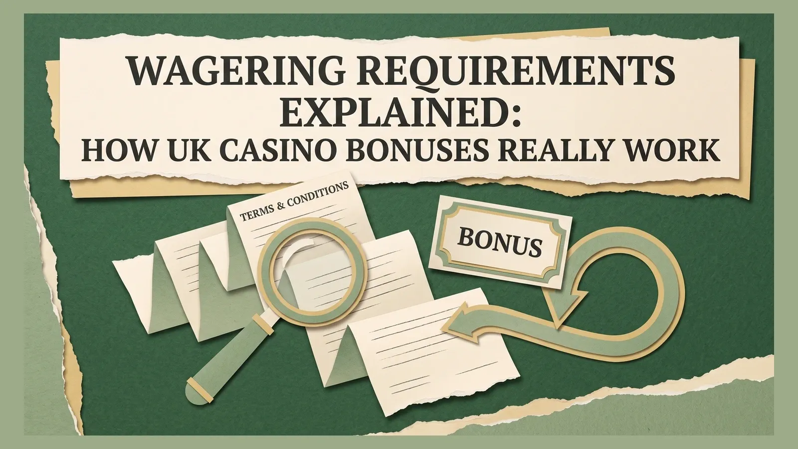 A magnifying glass over terms and conditions beside a bonus card and looping arrows beneath the title Wagering Requirements Explained: How UK Casino Bonuses Really Work.