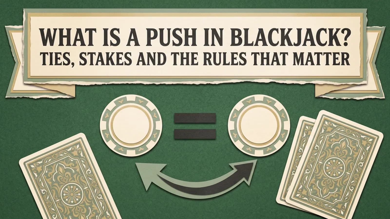 Matching stake tokens beside an equals sign and return arrow, with face-down cards below the title What Is a Push in Blackjack? Ties, Stakes and the Rules That Matter.