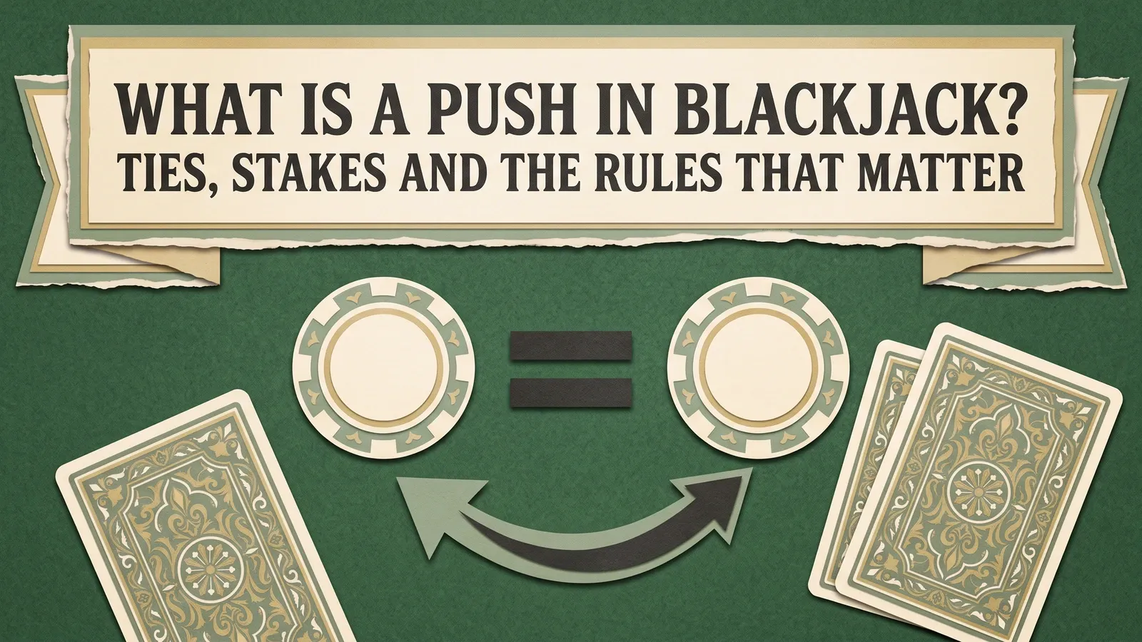 Matching stake tokens beside an equals sign and return arrow, with face-down cards below the title What Is a Push in Blackjack? Ties, Stakes and the Rules That Matter.
