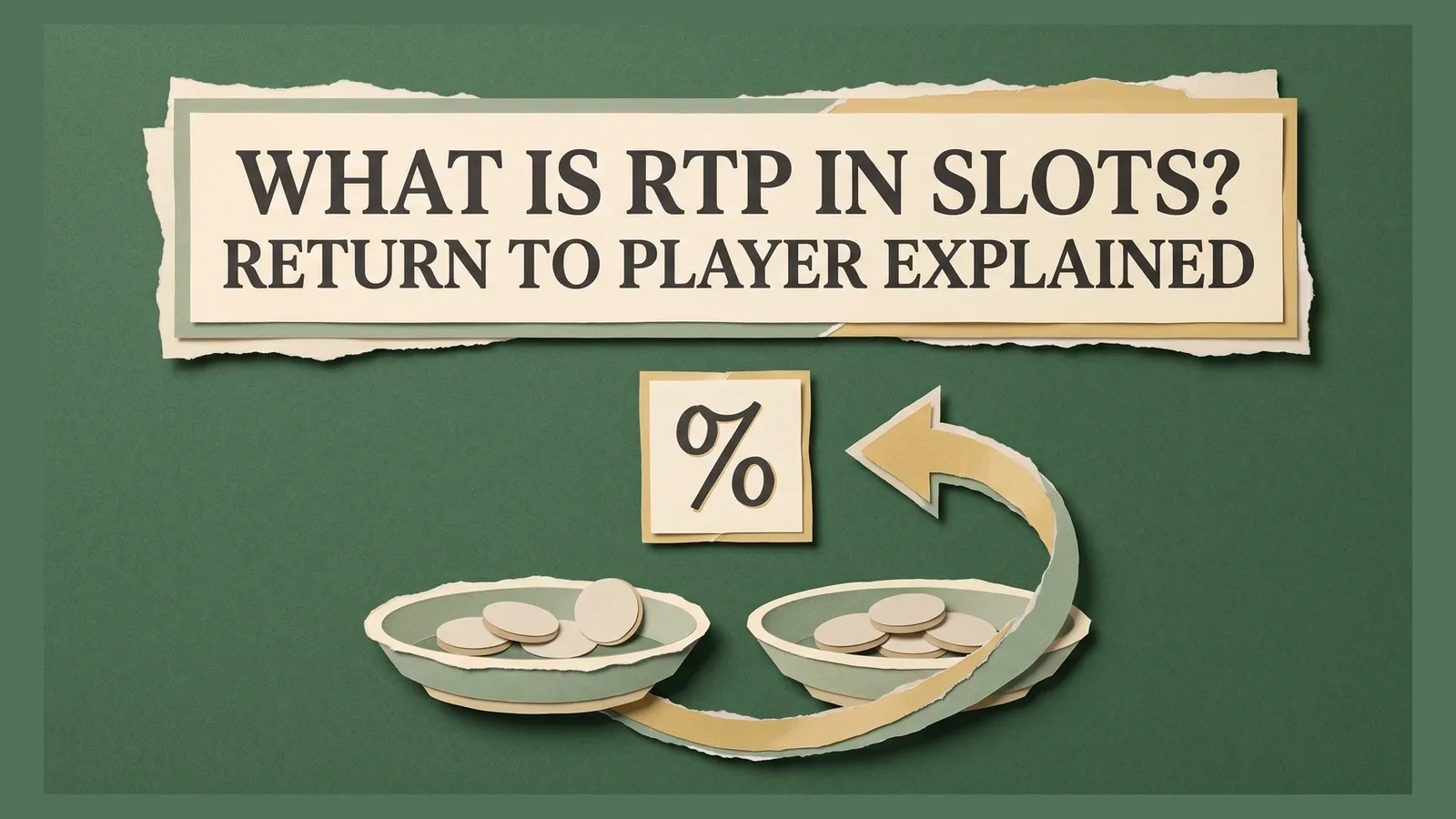 A percentage symbol, two shallow dishes of coins and a curved return arrow beneath the title What is RTP in slots? Return to player explained.
